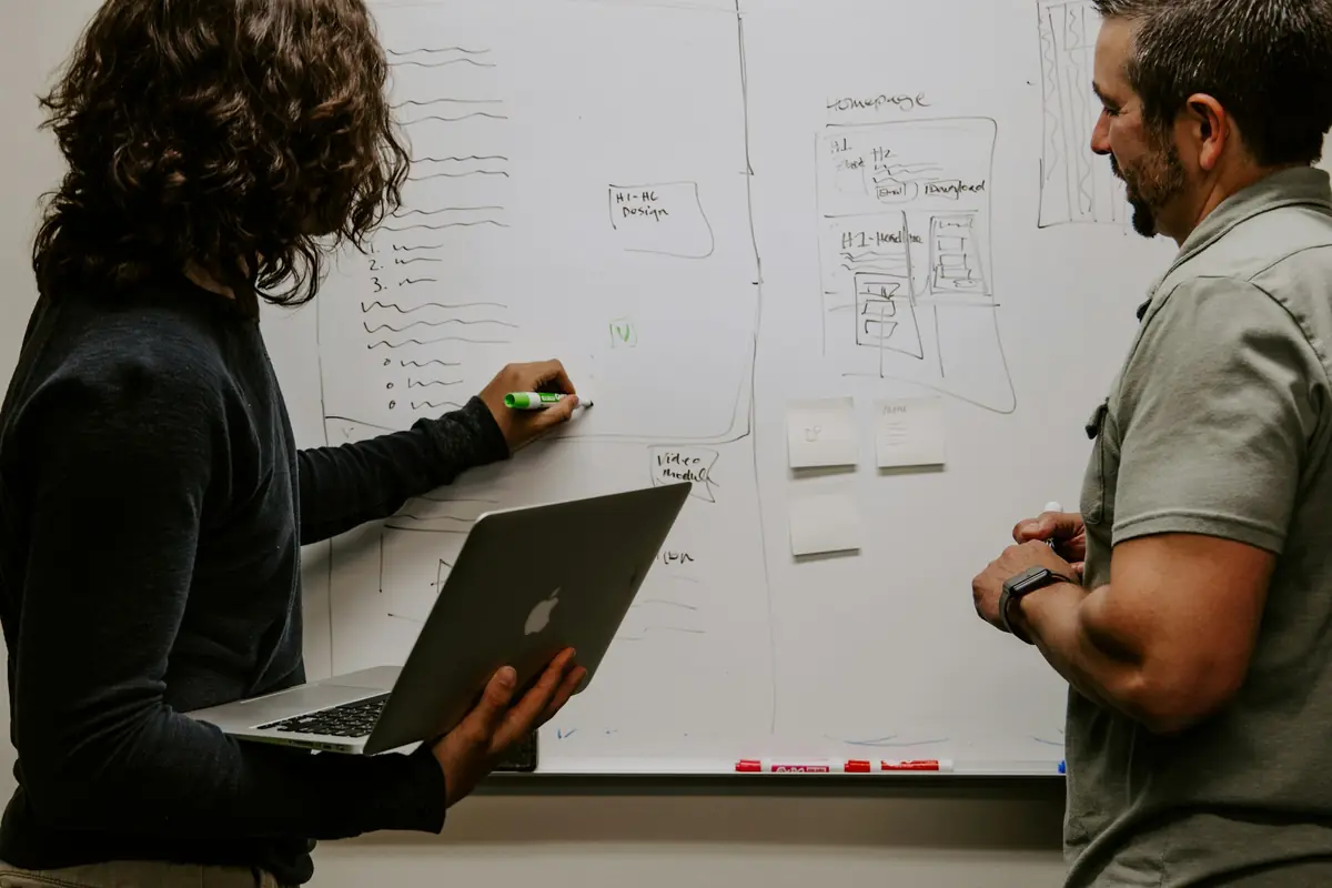 Equipo de trabajo frente a una pizarra blanca con diagramas de procesos