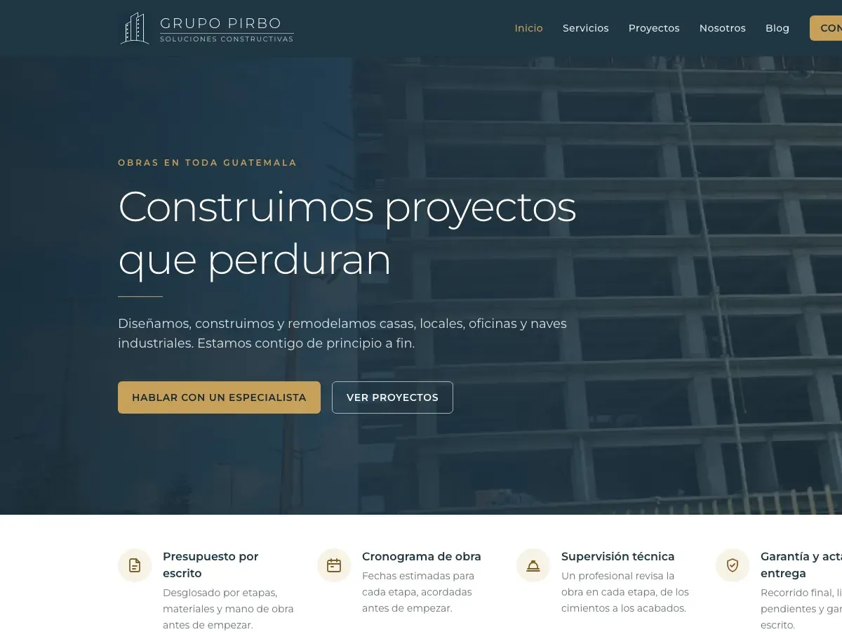 Portada del sitio de Grupo Pirbo