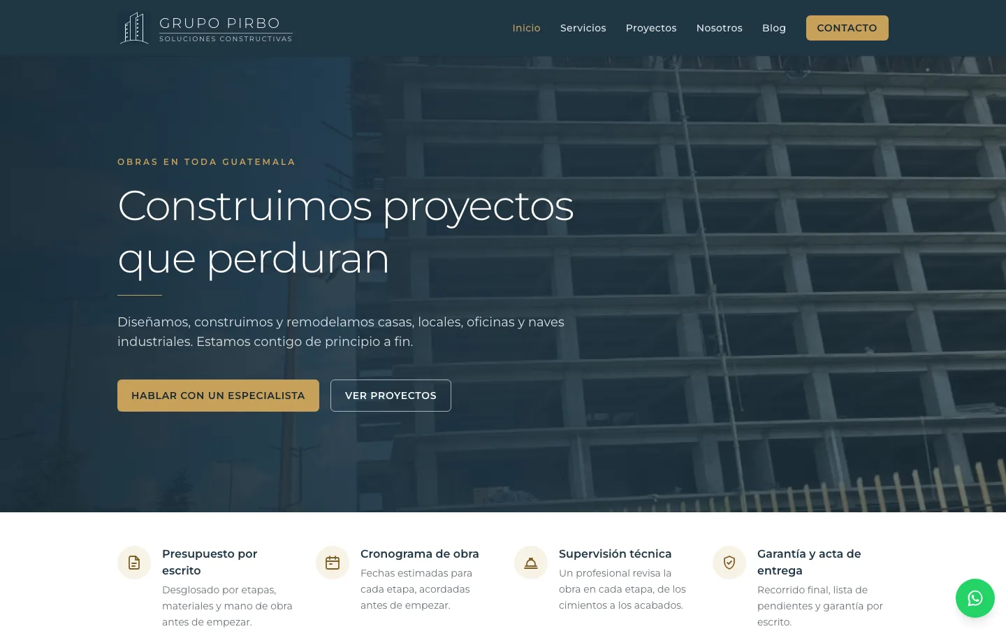 Página de inicio del sitio de Grupo Pirbo, con la portada de obra, los beneficios y los servicios